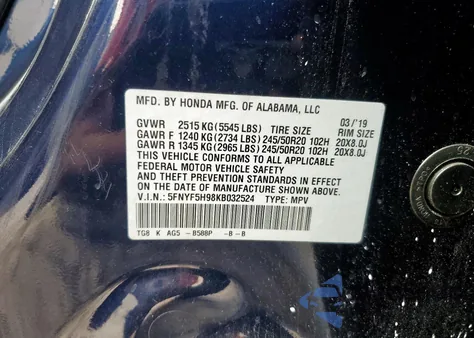 2019 Honda Pilot Touring from USA, damaged, VIN 5FNYF5H98KB032524